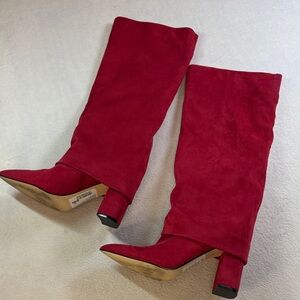Marc Fisher Red Suede Mid-Calf Pointed Toe Block Heel Boots
